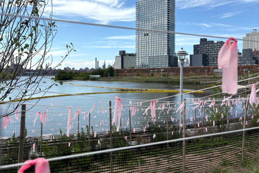 A view from a new area of Brooklyn’s Bushwick Inlet Park. Across the inlet, the brown MTA facility marks where property firm Gotham Organization wants to build apartments. Credit: Lauren Dalban/Inside Climate News