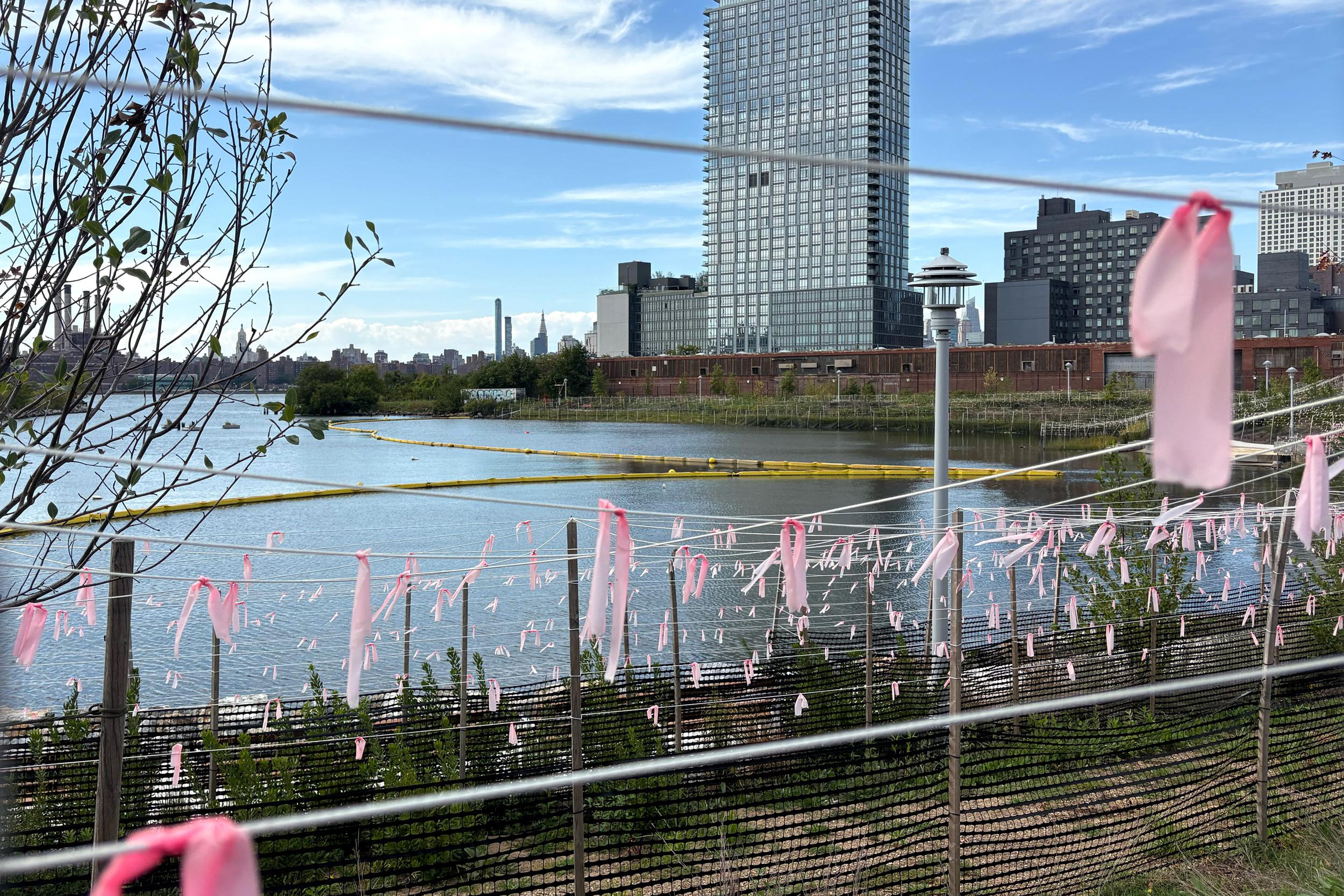 A view from a new area of Brooklyn’s Bushwick Inlet Park. Across the inlet, the brown MTA facility marks where property firm Gotham Organization wants to build apartments. Credit: Lauren Dalban/Inside Climate News