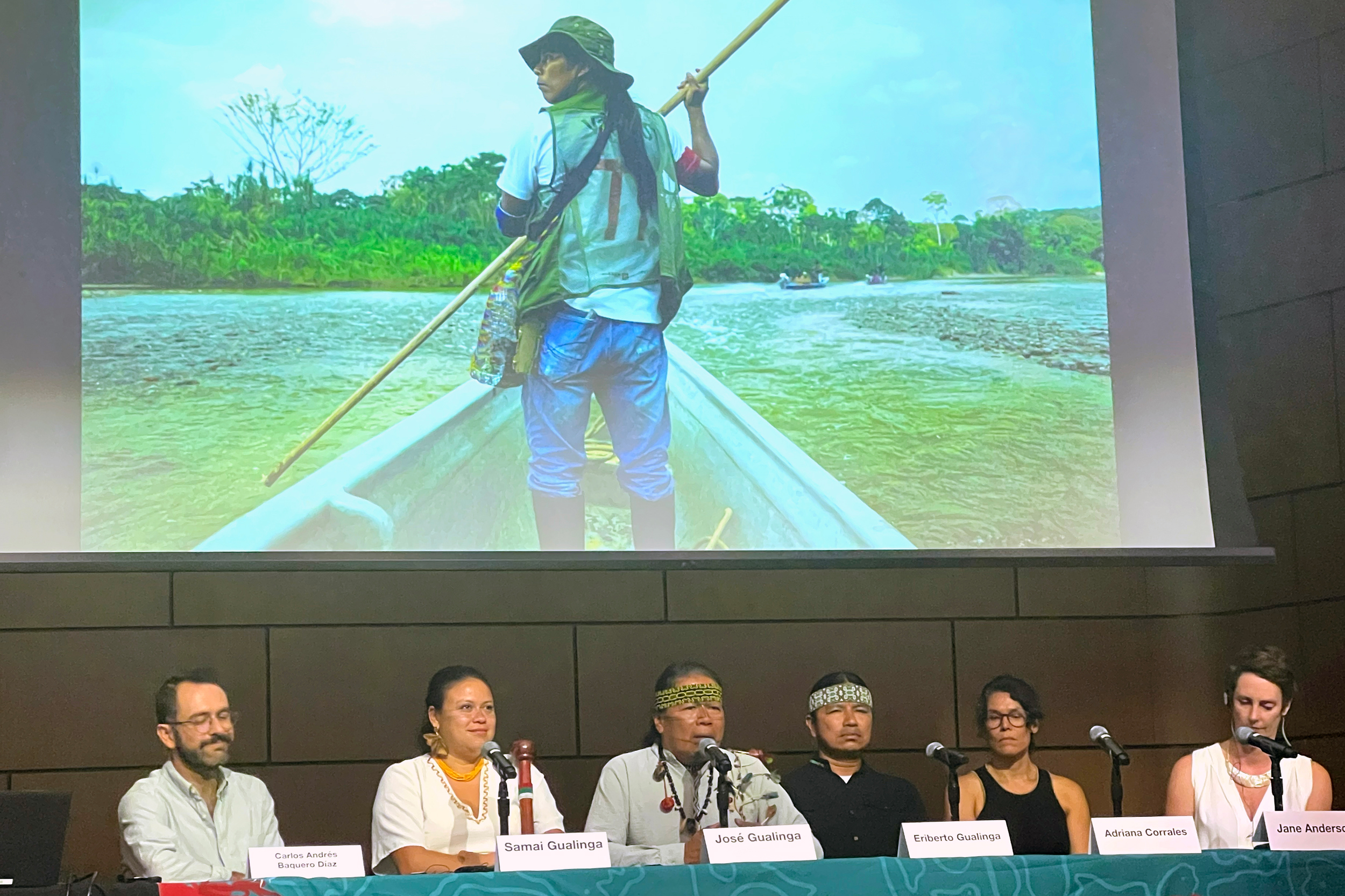 José Gualinga addresses the audience at the premiere of the documentary “Allpa Ukundi, Ñukanchi Pura” (Underground, Around and Among Us) at New York University Law School on Sept. 24. Credit: Katie Surma/Inside Climate News