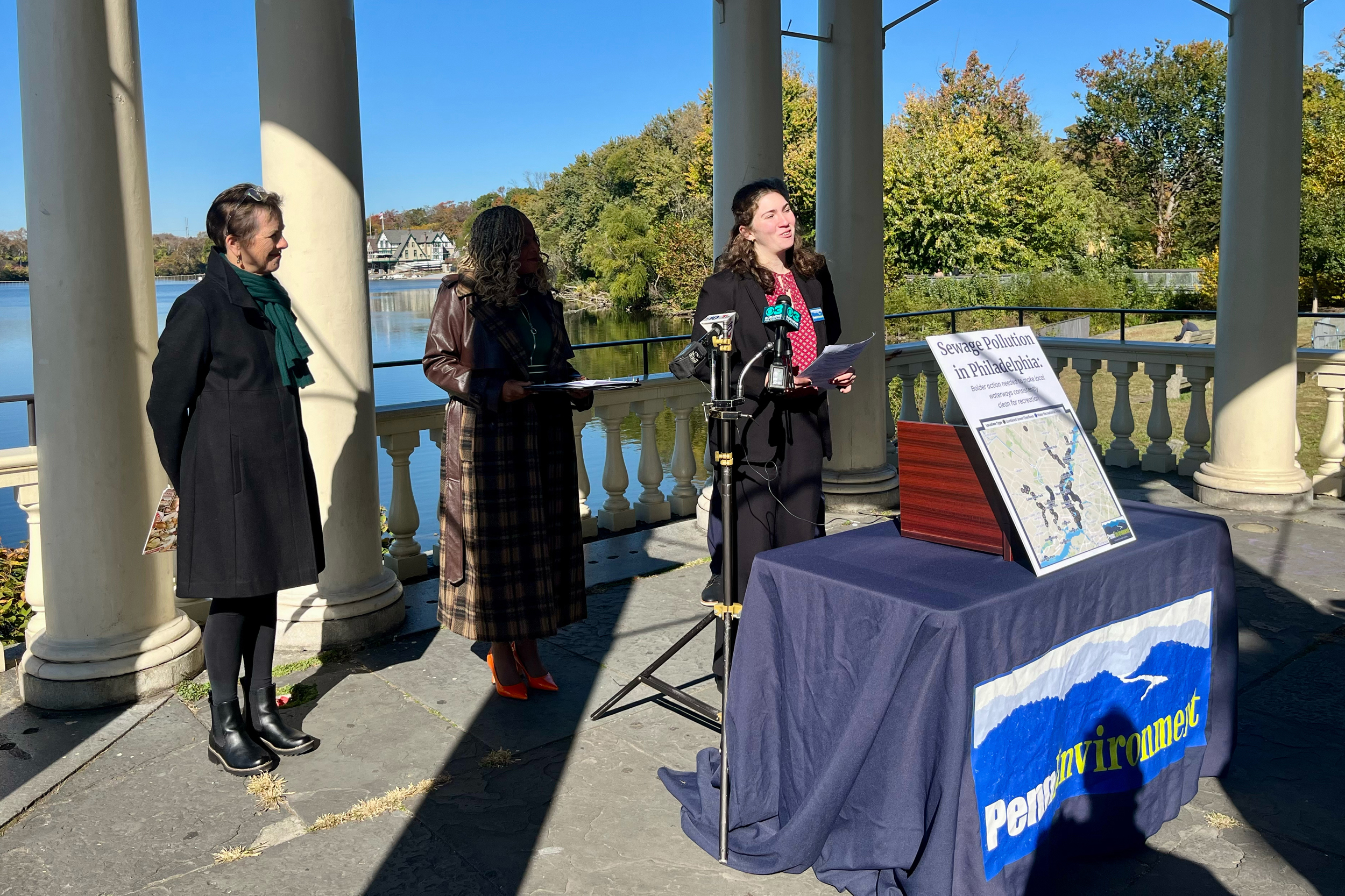Hanna Felber, clean water associate for the environmental nonprofit PennEnvironment, speaks to reporters in Philadelphia on Oct. 27. A new report from the group details how the city’s waterways continue to be polluted by billions of gallons of sewage-tainted water each year. Credit: Kyle Bagenstose/Inside Climate News