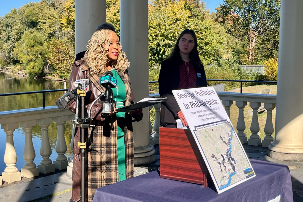Philadelphia City Councilmember Jamie Gauthier speaks at a press conference focused on sewage pollution in Philadelphia on Oct. 27. Credit: Kyle Bagenstose/Inside Climate News