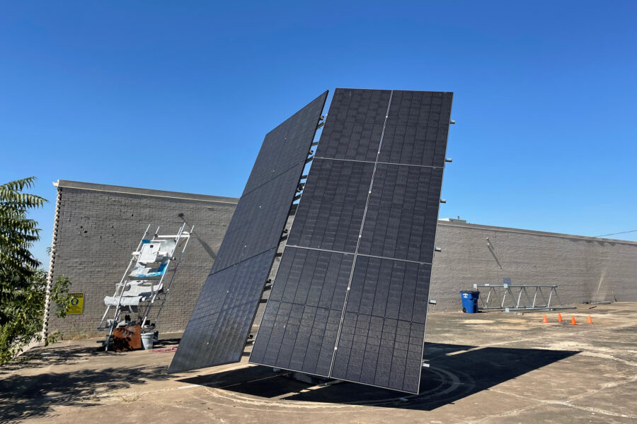 A prototype of a 3-D solar tower is seen at Janta Power’s Dallas office that is interconnected to the Texas grid. Credit: Arcelia Martin/Inside Climate News
