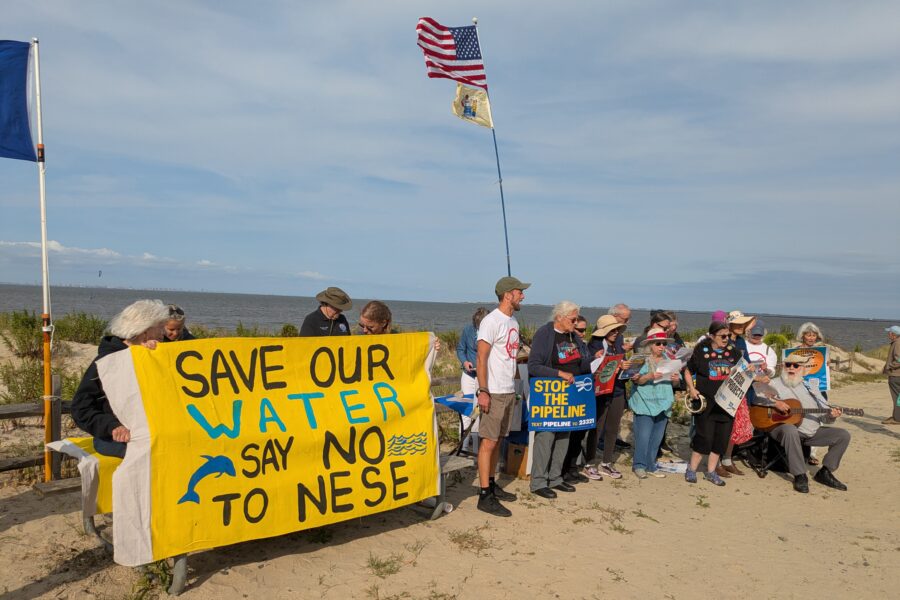 Environmental activists at a Sept. 9 demonstration against the Northeast Enhancement Supply pipeline on the Raritan Bayshore in Middletown, New Jersey. Credit: Charlie Kratovil