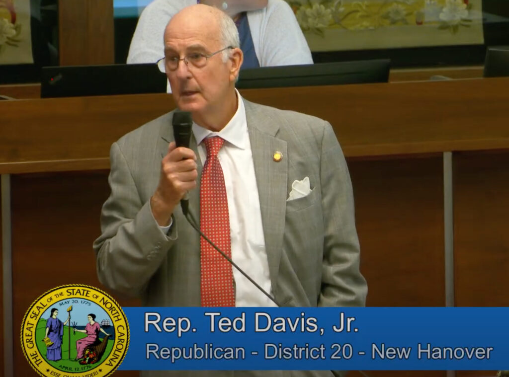 State Rep. Ted Davis, Jr., has introduced more than a half dozen bills to stop PFAS contamination and to require Chemours to pay public utilities for treatment systems to reduce levels of the toxic compounds.  Source: Screencap from the N.C. General Assembly