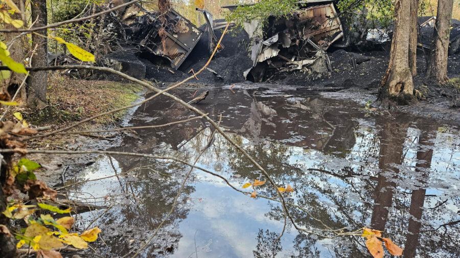 CSX train cars after they derailed last Saturday in New Kent County, Virginia, in wetlands 400 feet from the Chickahimony River. The cars spilled diesel fuel and coal. Credit: The James River Assocation