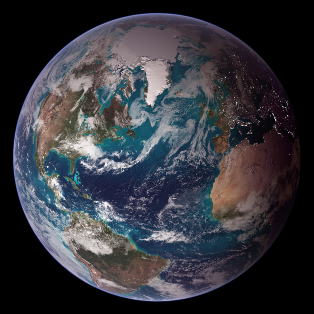 A view of Earth from space reveals varying shades of blue and green in the oceans. New research that tracked greening from chlorophyll produced by phytoplankton suggests that biological carbon pumps in the ocean are weakening. Credit: NASA Earth Observatory