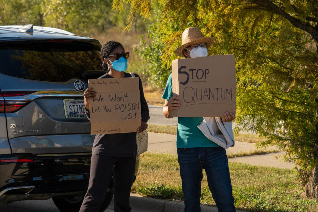Protesters with Southside Together oppose the quantum project outside the groundbreaking ceremony on Tuesday. Credit: Keerti Gopal/Inside Climate News