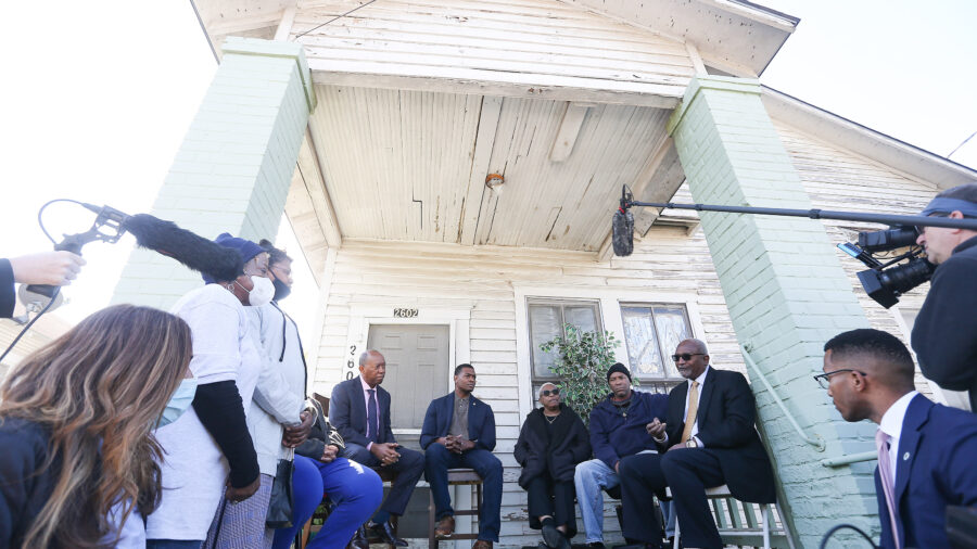 In 2021, Dr. Robert Bullard, from right, talks with Fifth Ward residents Water Mallett, Doris Brown, then-EPA Administrator Michael S. Regan and Houston Mayor Sylvester Turner during Regan's tour of Houston to highlight environmental justice concerns. Credit: Elizabeth Conley/Houston Chronicle via Getty Images