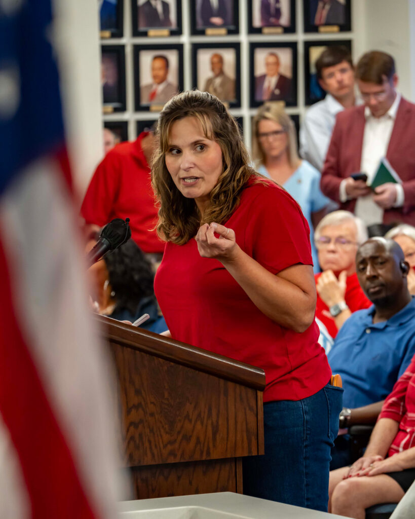 McCalla resident Mary Rosenboom speaks at a Bessemer City Council meeting in July opposing the proposed data center in central Alabama. Credit: Lee Hedgepeth/Inside Climate News