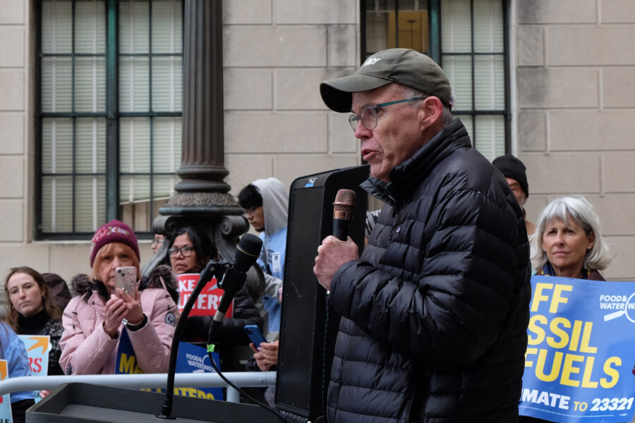 Bill McKibben speaks to the crowd at the Climate Superfund Act rally in front of the New Jersey state house on Monday. Credit: Carrie Klein/Inside Climate News