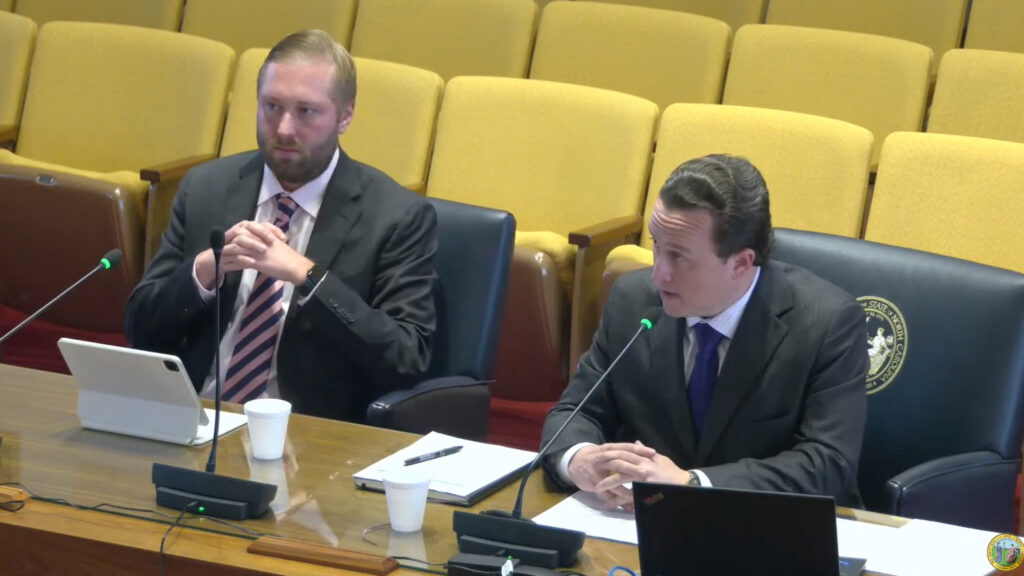 Eric Peterson (left), senior manager of policy and government relations at Kraken Americas Digital Asset Exchange, and Dan Spuller, executive vice president of industry affairs at the Blockchain Association, spoke before a recent House Committee on Blockchain and Digital Assets. Source: N.C. General Assembly livestream