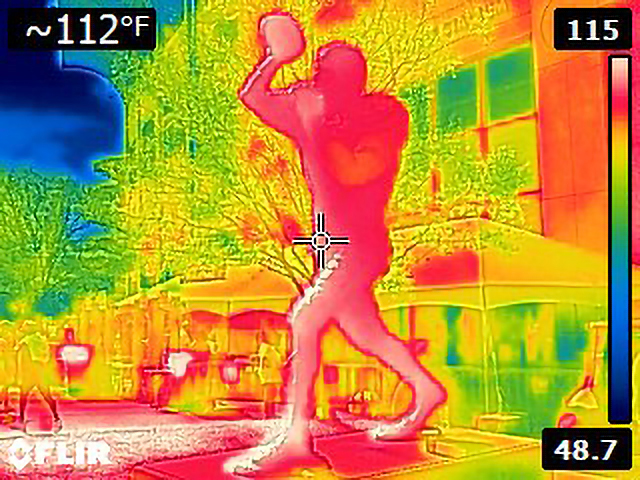 Infrared imagery from outside Auburn’s Jordan-Hare Stadium shows the differences in surface temperatures of different materials. Credit: Courtesy of Brandon Ryan