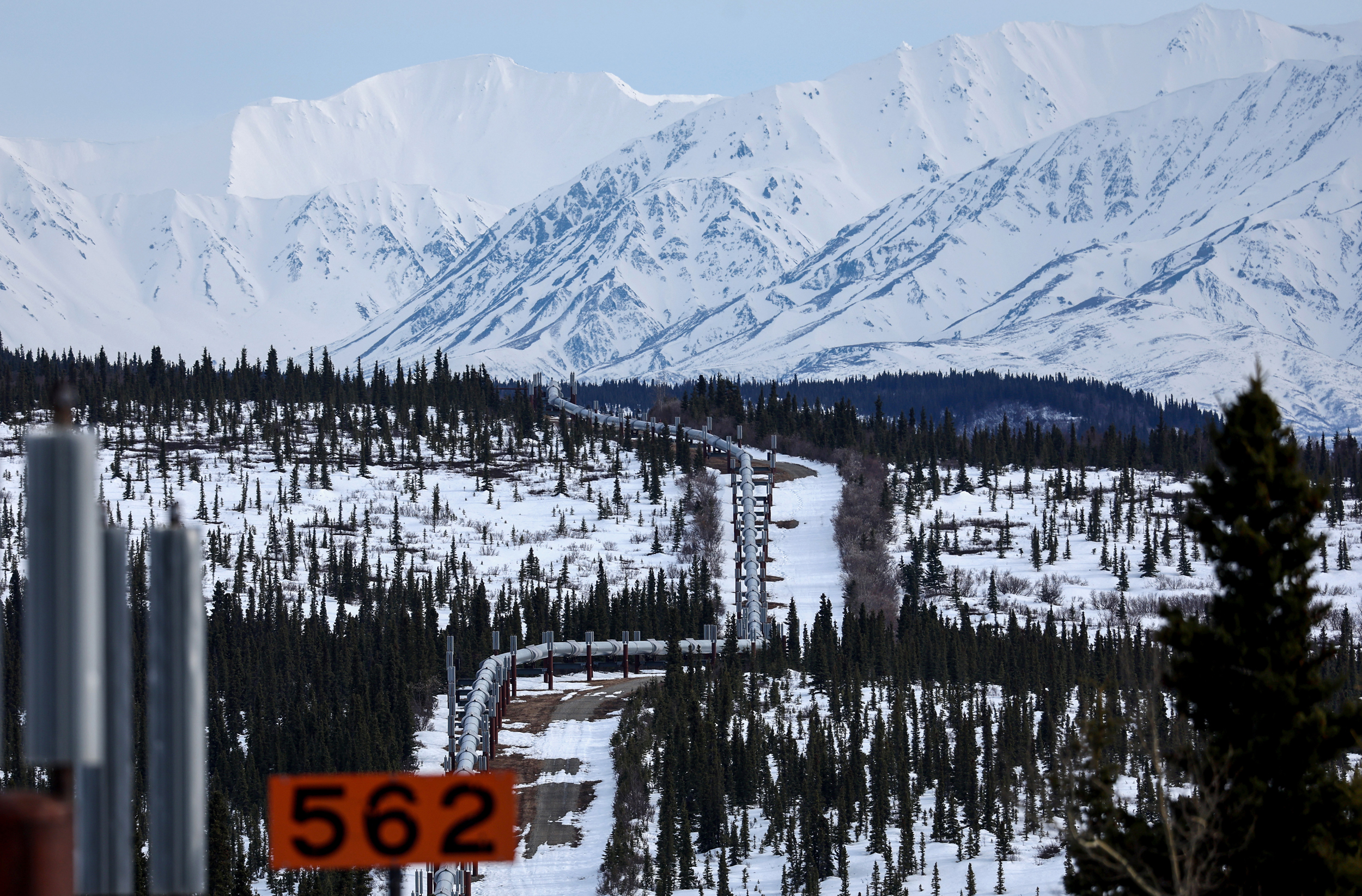 A part of the Trans-Alaska Pipeline System runs through boreal forest near Delta Junction, Alaska. Credit: Mario Tama/Getty Images