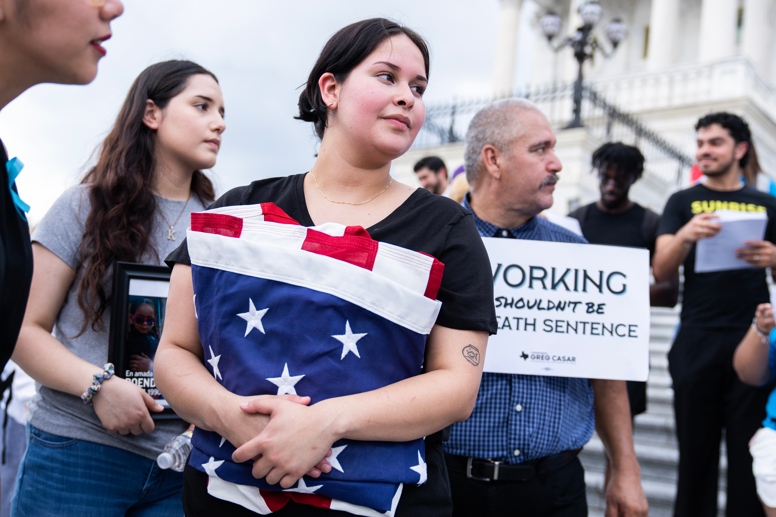 Jasmine Granillo, whose brother Roendy Granillo died from heat stroke in 2015 while working on a housing construction site, attends a vigil and thirst strike for workers’ rights on the House steps of the U.S. Capitol on July 25, 2023. Credit: Tom Williams/CQ-Roll Call, Inc via Getty Images