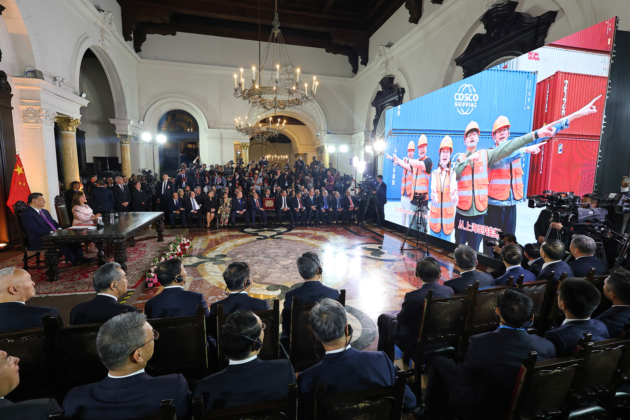 Chinese President Xi Jinping and Peru’s President Dina Boluarte attend the virtual inauguration ceremony of the Chancay port at the government palace in Lima on Nov. 14, 2024. Credit: Hugo Curotto/AFP via Getty Images
