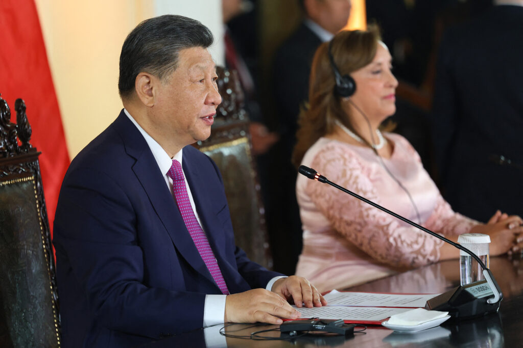 Chinese President Xi Jinping and Peru’s President Dina Boluarte attend the virtual inauguration ceremony of the Chancay port at the government palace in Lima on Nov. 14, 2024. Credit: Hugo Curotto/AFP via Getty Images