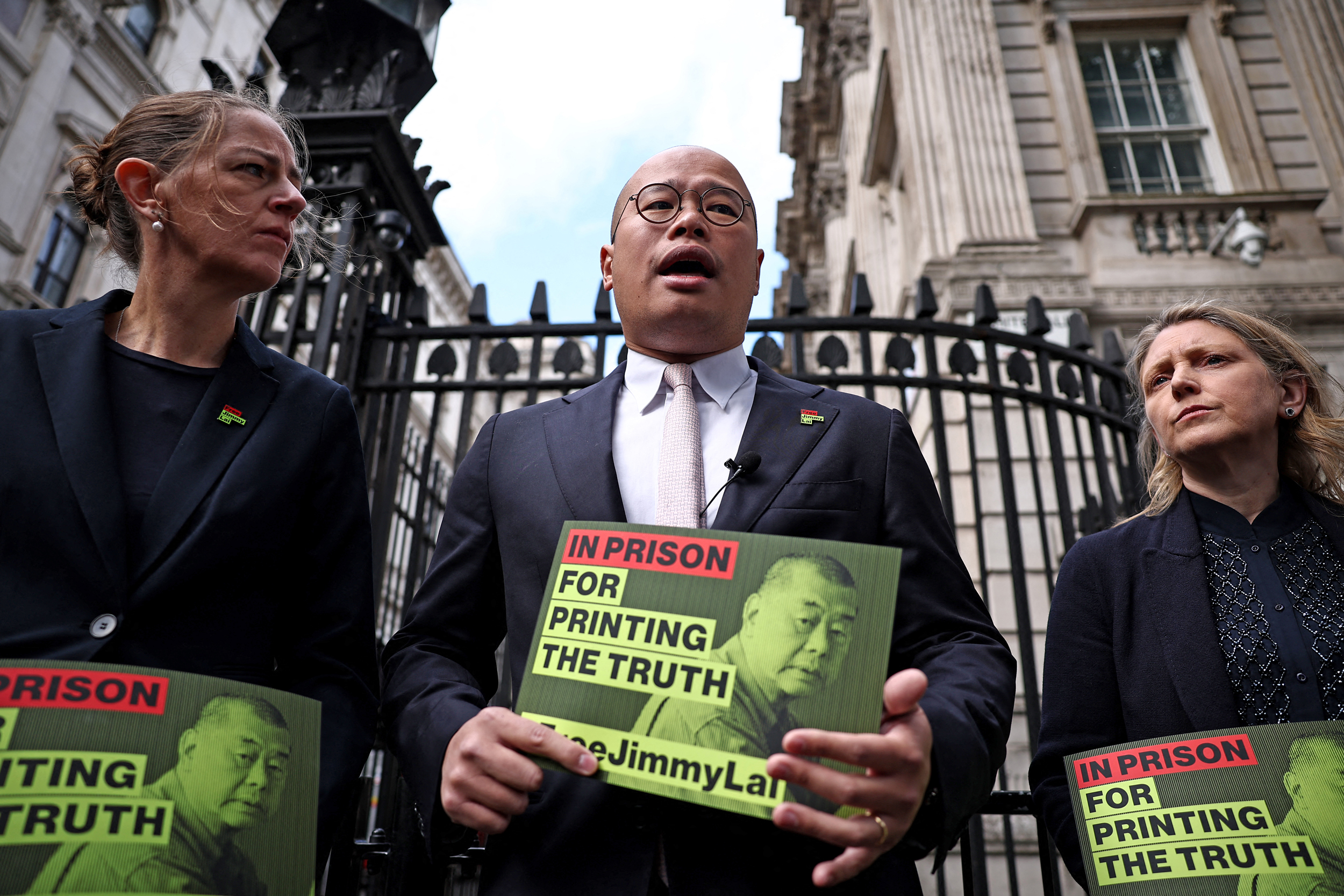 Sebastian Lai, son of Jimmy Lai, speaks during a press conference outside Downing Street in London on Sept. 15. Credit: Henry Nicholls/AFP via Getty Images