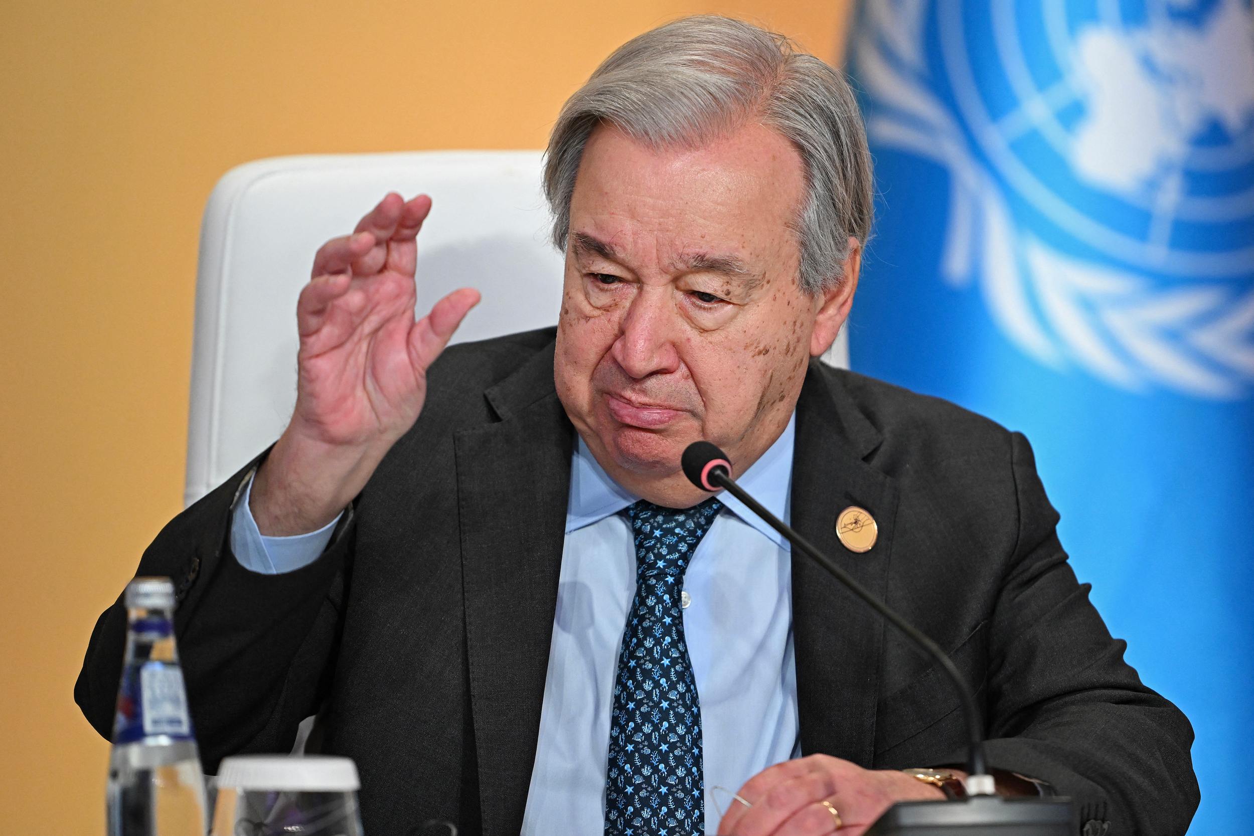UN Secretary-General António Guterres attends a press conference during the United Nations’ Second World Summit for Social Development on Tuesday in Doha, Qatar. Credit: Mahmud Hams/AFP via Getty Images
