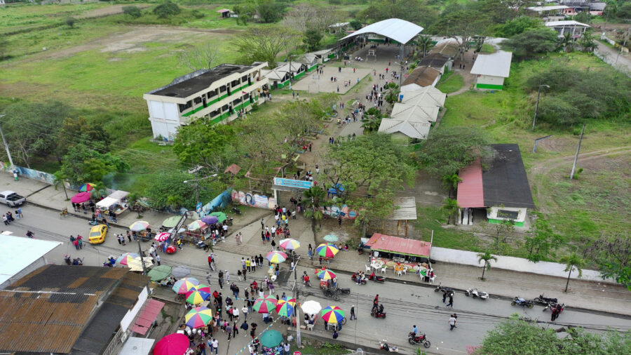 Ecuadoreans gather at a polling center in Manglaralto on Sunday to vote on a referendum proposed by President Daniel Noboa to overhaul Ecuador’s constitution. Credit: Marcos Pin/AFP via Getty Images