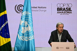 U.N. Secretary-General Antonio Guterres speaks during a press conference at the COP30 climate conference on Thursday in Belém, Brazil. Credit: Pablo Porciuncula/AFP via Getty Images