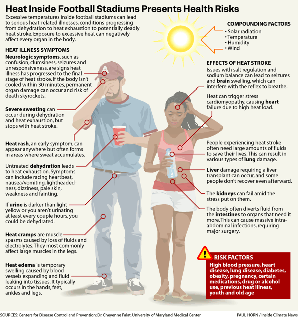 Graphic shows a man and woman feeling the effects of extreme heat and notes some of the symptoms of heat illness and effects of heat stroke