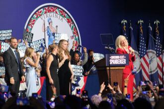 Democrat Abigail Spanberger speaks on Tuesday after being declared the winner of the Virginia gubernatorial race against Republican Winsome Earle-Sears. Credit: Charles Paullin/Inside Climate News
