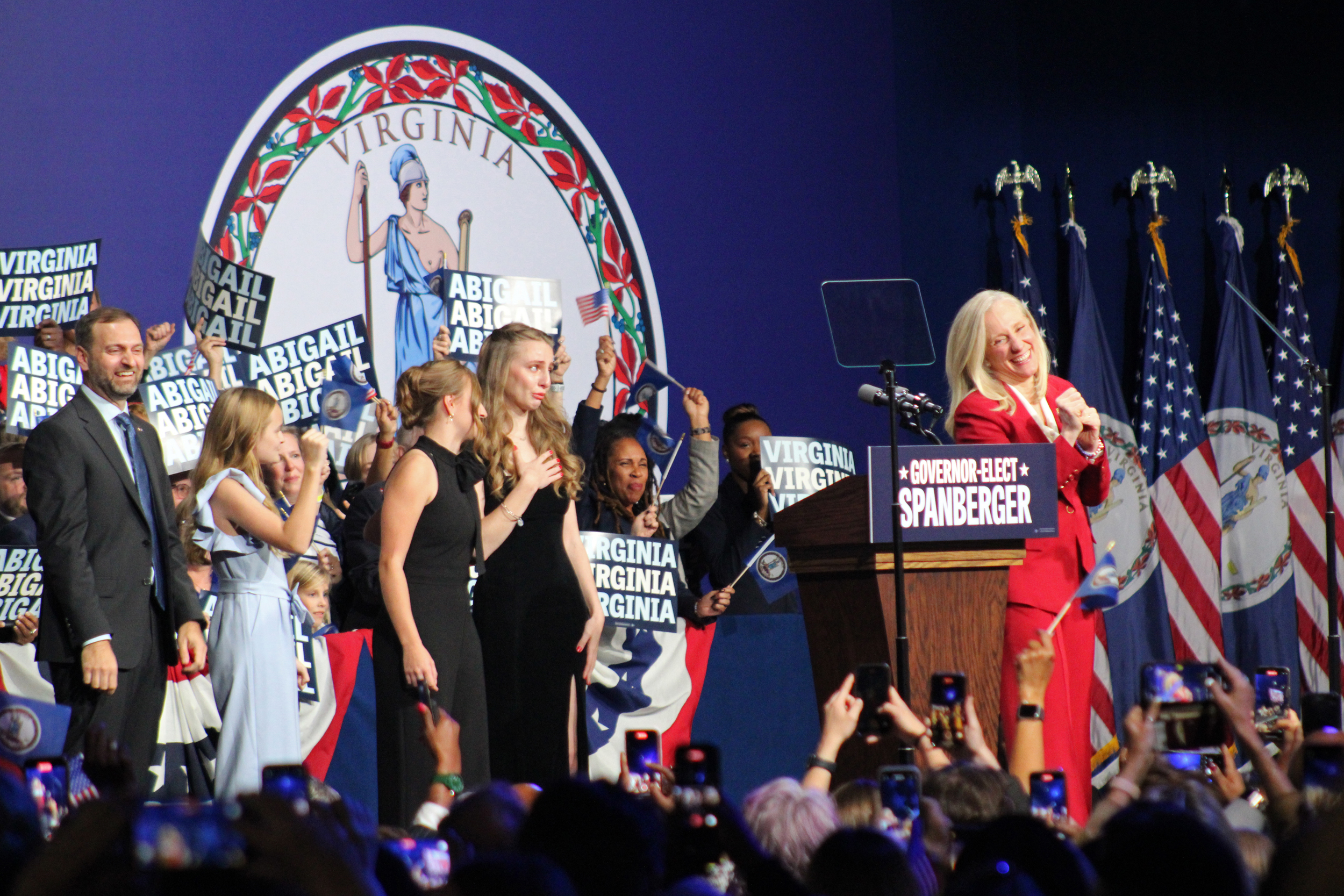 Democrat Abigail Spanberger speaks on Tuesday after being declared the winner of the Virginia gubernatorial race against Republican Winsome Earle-Sears. Credit: Charles Paullin/Inside Climate News