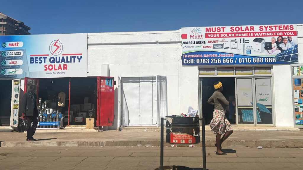 A solar shop in downtown Harare in July 2025. Solar energy has become popular in Zimbabwe, where about 38 percent of the population lacks access to electricity. Credit: Katie Surma/Inside Climate News
