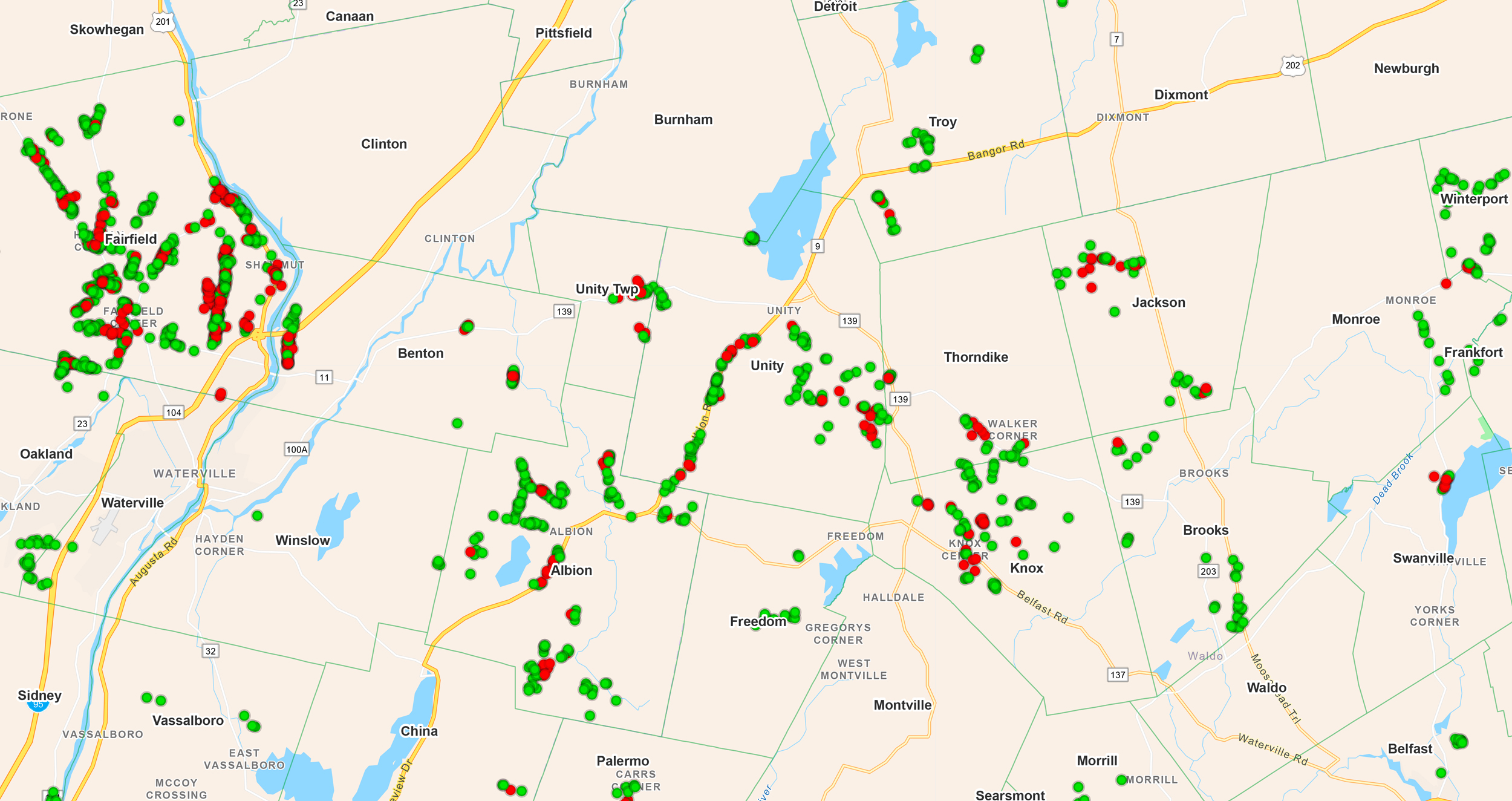 The Maine Department of Environmental Protection tracks the results of its ongoing PFAS testing program. Shown here are results from drinking-water tests performed in a portion of central Maine, near sites where sludge was previously applied to the land. Red dots indicate contamination above the state's safe threshold, and green dots indicate results below that threshold. 