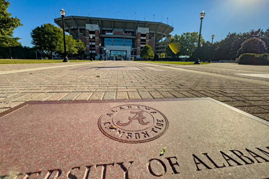 The sun bears down on the Walk of Champions outside Bryant-Denny Stadium at the University of Alabama. Credit: Lee Hedgepeth/Inside Climate News