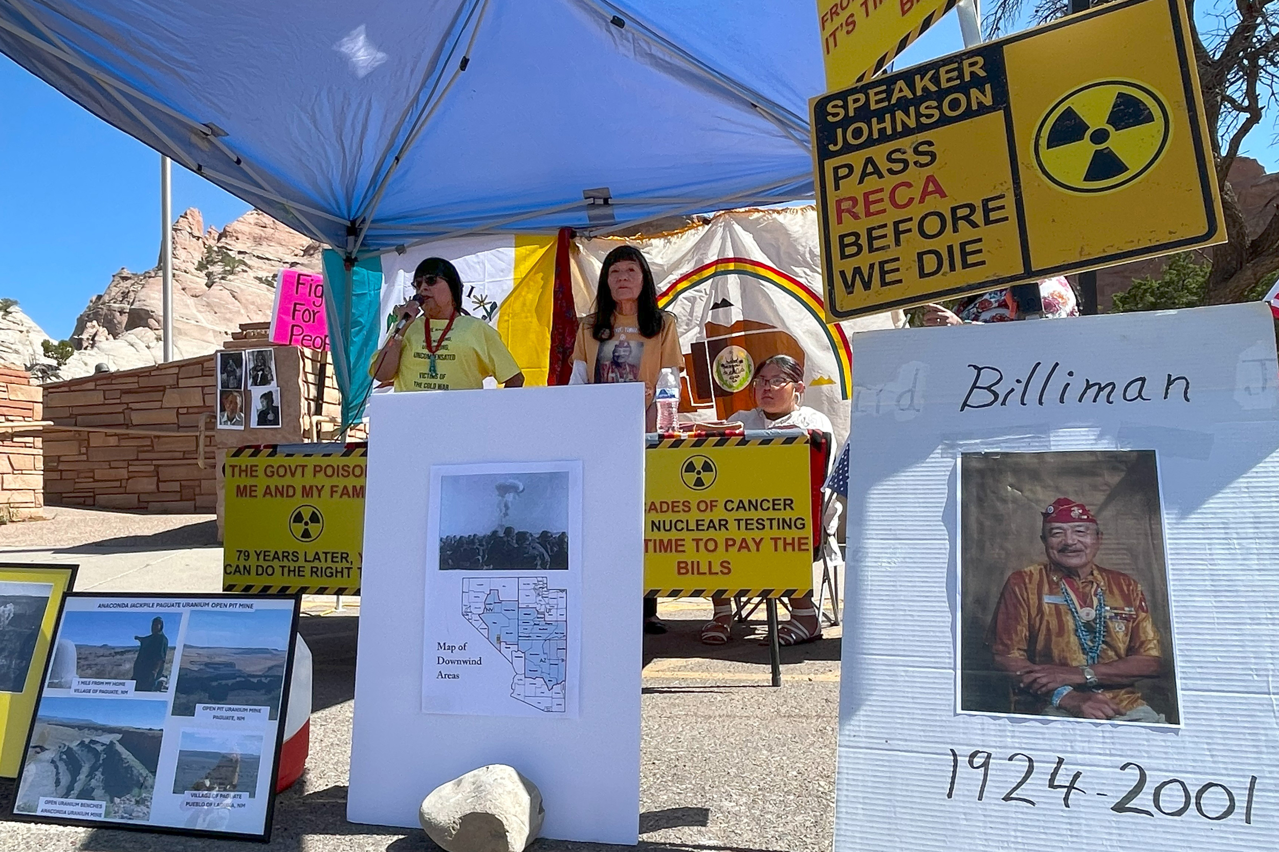 Dozens of Indigenous men worked as uranium miners and millers when the mineral was removed during the Cold War era. Members of the Navajo Nation, Hopi Tribe and Pueblo of Laguna speak in Window Rock, Ariz., on June 10 about how their lives were affected by uranium mining, radiation exposure and fallout from nuclear weapons tests. Credit: Noel Lyn Smith/Inside Climate News