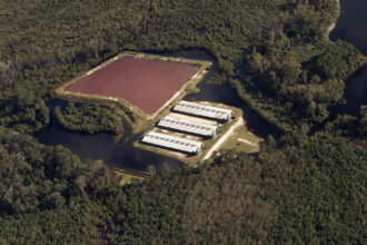 A view of a hog farm in eastern North Carolina after Hurricane Matthew flooded the region in 2016. Credit: Rick Dove