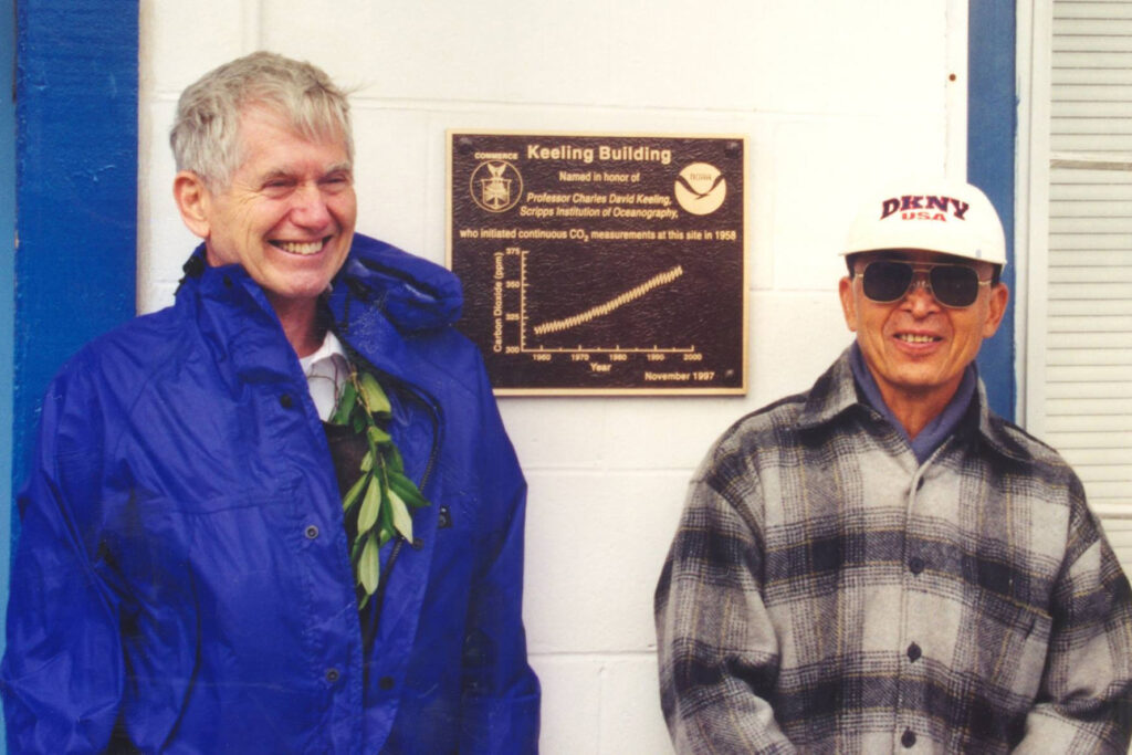 Scripps scientist Charles David Keeling (left) stands with NOAA scientist John Chin in 1997. Credit: John Miller/ NOAA Mauna Loa Observatory