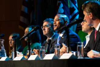 Maryland Gov. Wes Moore speaks during the Chesapeake Executive Council meeting on Tuesday at the National Aquarium in Baltimore. Credit: Will Parson/Chesapeake Bay Program
