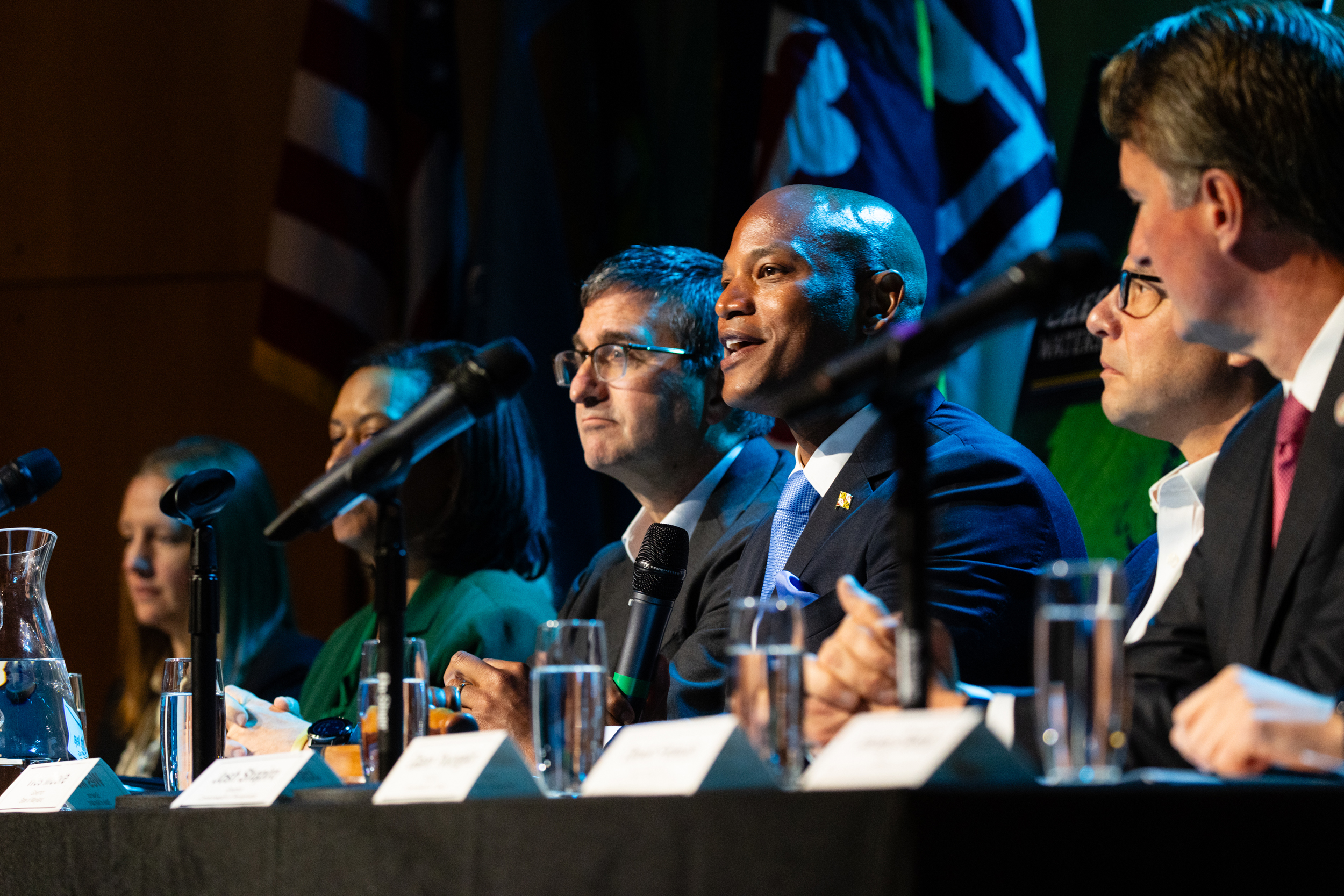 Maryland Gov. Wes Moore speaks during the Chesapeake Executive Council meeting on Tuesday at the National Aquarium in Baltimore. Credit: Will Parson/Chesapeake Bay Program