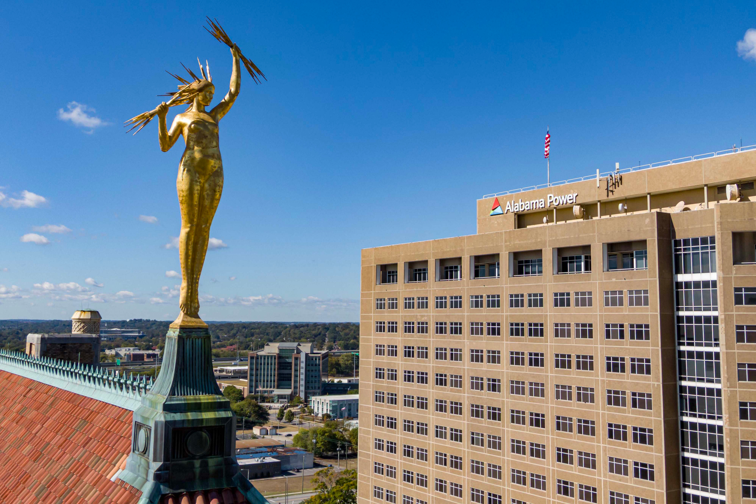 A statue of Electra sits atop Alabama Power’s headquarters in downtown Birmingham, Ala. Credit: Lee Hedgepeth/Inside Climate News