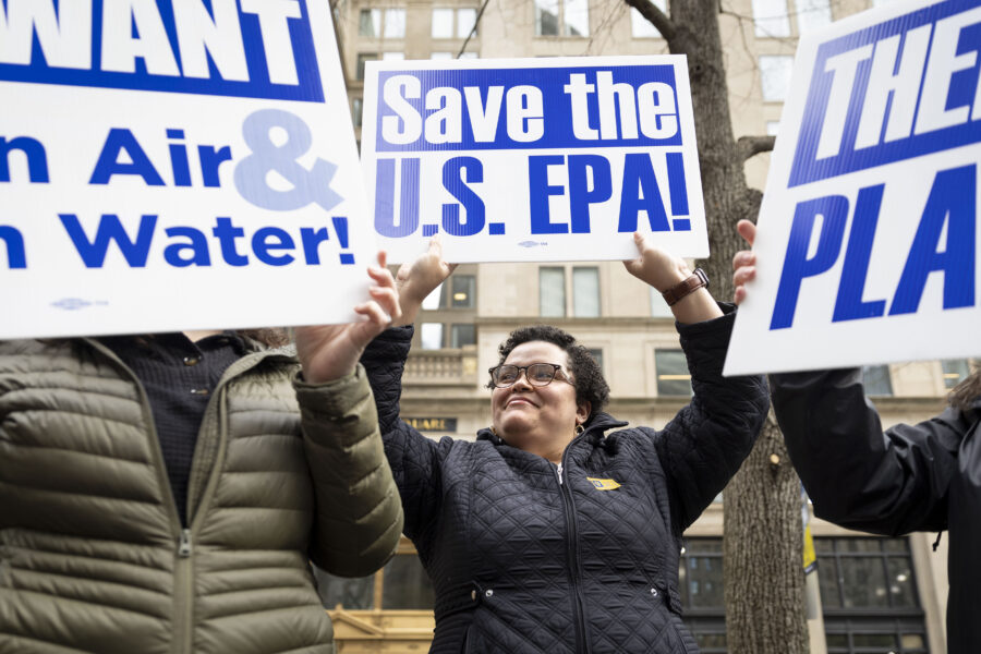 EPA civil servants from the Boston area participate in a demonstration at Angell Memorial Square on March 25, 2025. Credit: Brett Phelps/The Boston Globe via Getty Images
