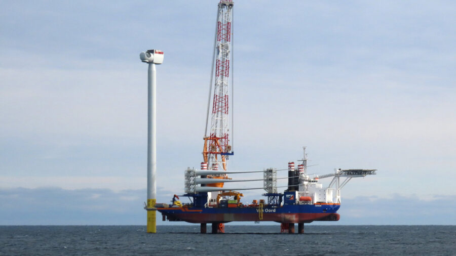 Construction of an offshore wind turbine is seen off the coast of New York in 2023. Credit: Mark Harrington/Newsday RM via Getty Images