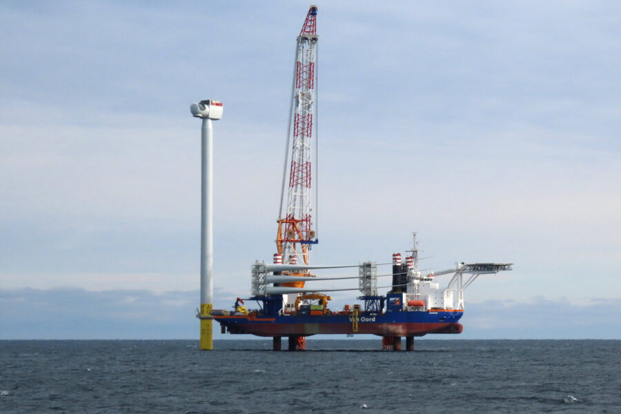 Construction of an offshore wind turbine is seen off the coast of New York in 2023. Credit: Mark Harrington/Newsday RM via Getty Images