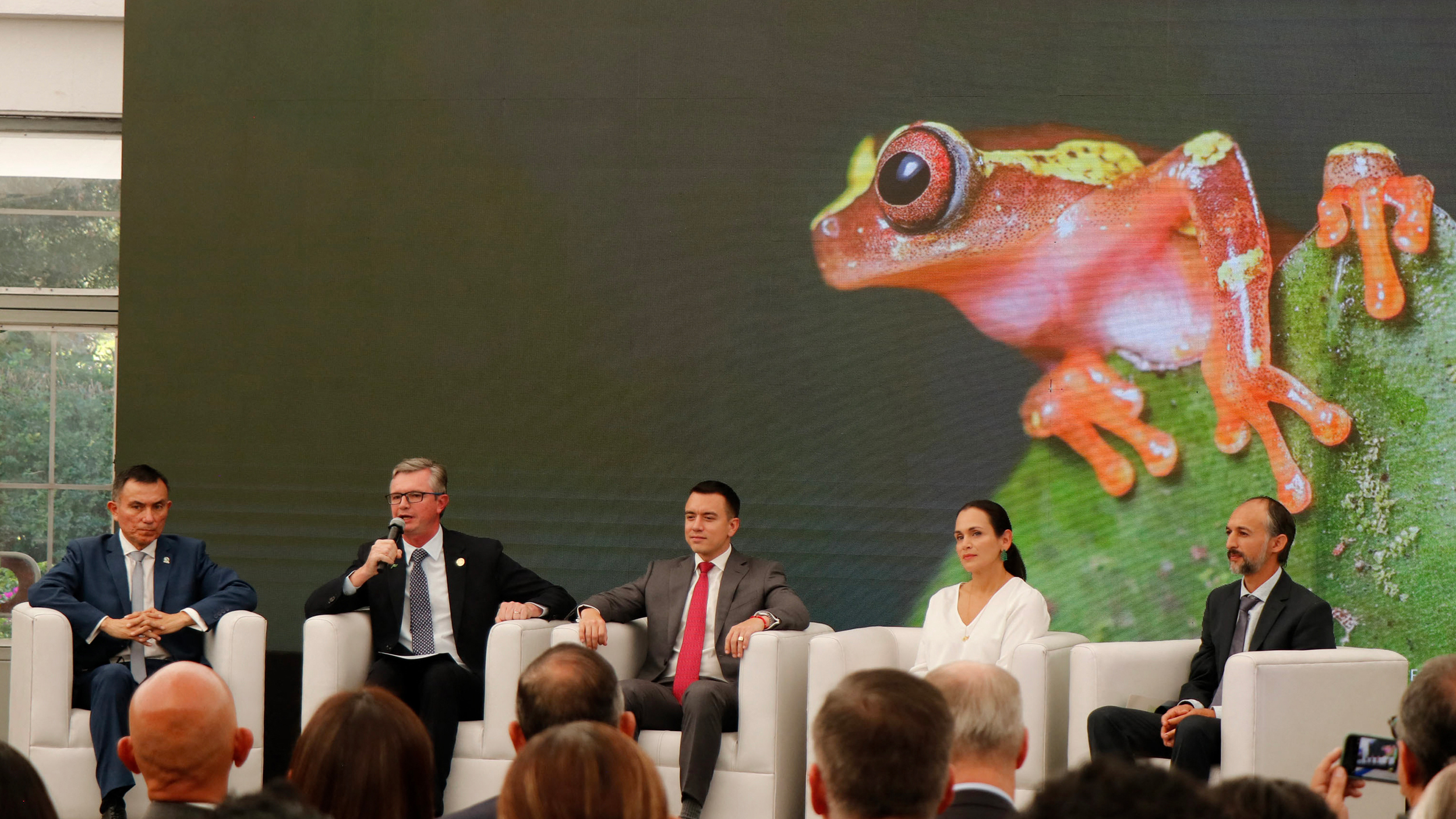 From left:  Galo Medina of The Nature Conservancy, Ecuador's Economy and Finance Minister Juan Carlos Vega, President Daniel Noboa, Minister of the Environment Ines Manzano and Diego Inclan, director of the National Institute of Biodiversity, take part in an event to announce the external debt swap for Amazon conservation in Quito, on Dec. 17, 2024. Credit: Galo Paguay/AFP via Getty Images