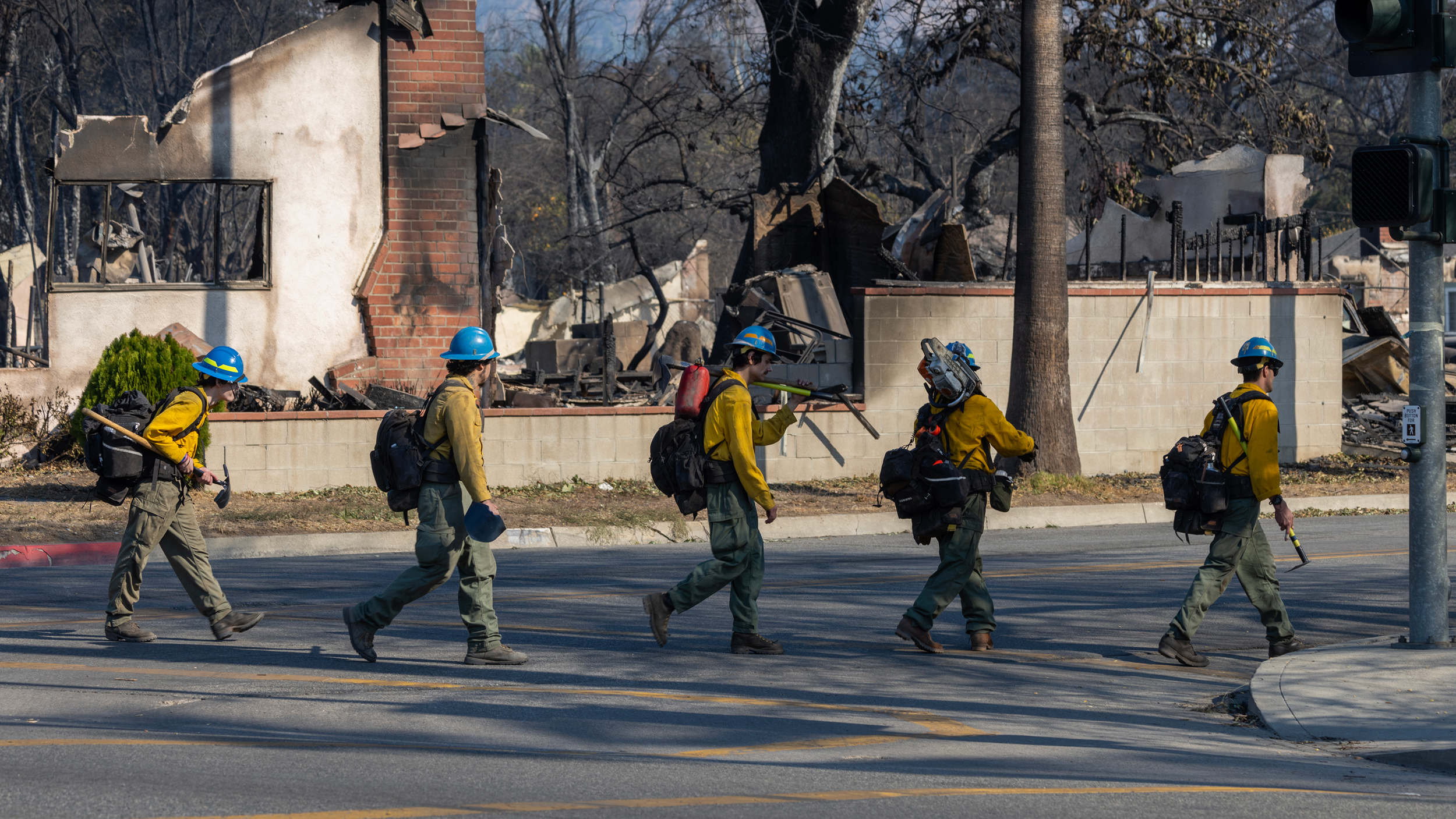 Wildland firefighters in a hotshot crew from Oregon search the ruins of houses destroyed by the Eaton Fire on Jan. 10 in Altadena, Calif. Credit: David McNew/Getty Images