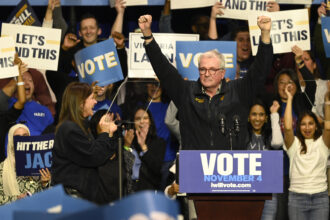 New Jersey Gov. Phil Murphy speaks at a rally for Democratic gubernatorial candidate Mikie Sherrill at Essex County College in Newark on Nov. 1. Credit: Kyle Mazza/Anadolu via Getty Images