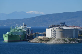 An LNG tanker unloads liquefied natural gas from the U.S. at a terminal near Athens, Greece, on Dec. 1. Credit: Nicolas Koutsokostas/NurPhoto via Getty Images