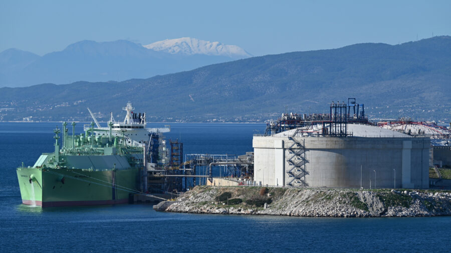 An LNG tanker unloads liquefied natural gas from the U.S. at a terminal near Athens, Greece, on Dec. 1. Credit: Nicolas Koutsokostas/NurPhoto via Getty Images