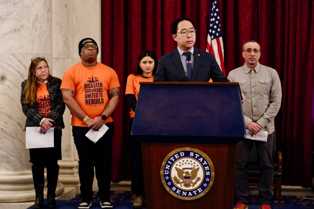 New Jersey Sen. Andy Kim urged federal accountability for disaster response and recovery. Looking on are Texas flash flood survivor Brandy Gerstner (left), Missouri tornado survivor Michael McLemore and Altadena fire survivor Isabella Mendoza. Credit: Ralph Alswang