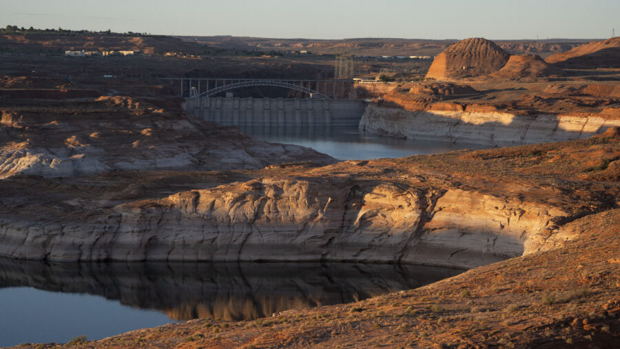 Early morning sunlight hits canyon walls on Lake Powell in Glen Canyon National Recreation Area on July 10, 2025 in Page, Arizona. Lake Powell, a critical Colorado River reservoir, is only at a third of its capacity as drought conditions in the Southwest worsen. Credit: Rebecca Noble via Getty Images
