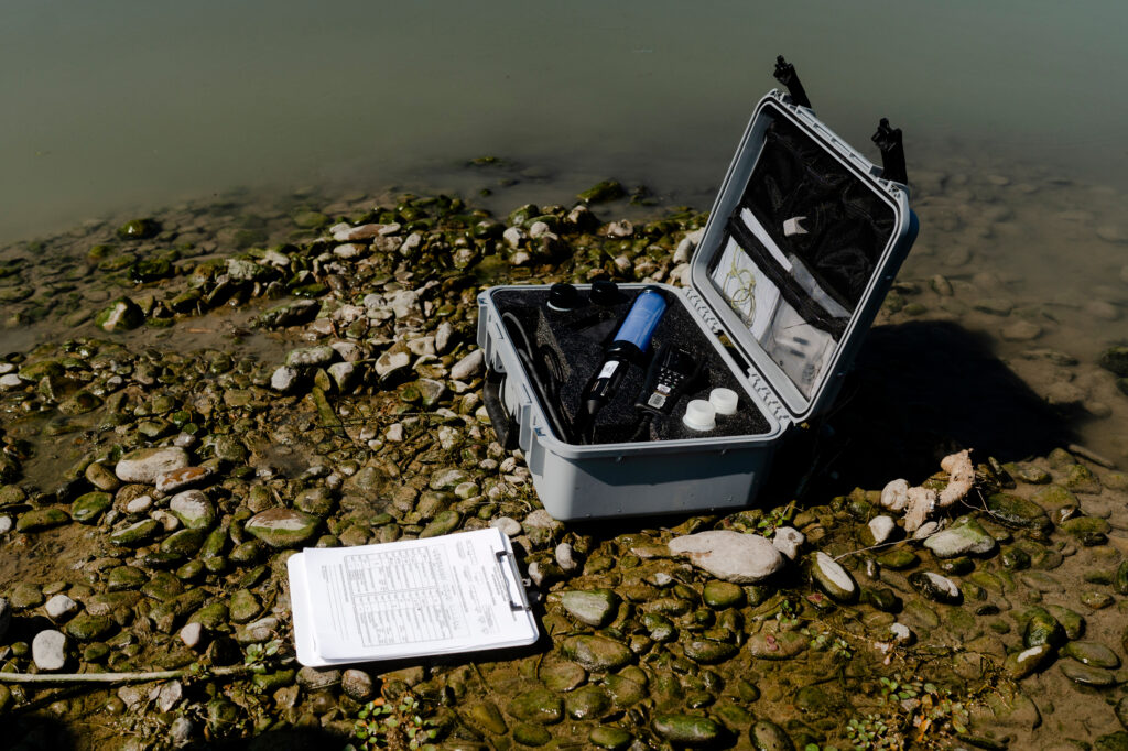 A clipboard and the probe used to measure water quality in the Rio Grande by Tom Vaughan and Martin Castro in Laredo, Texas.