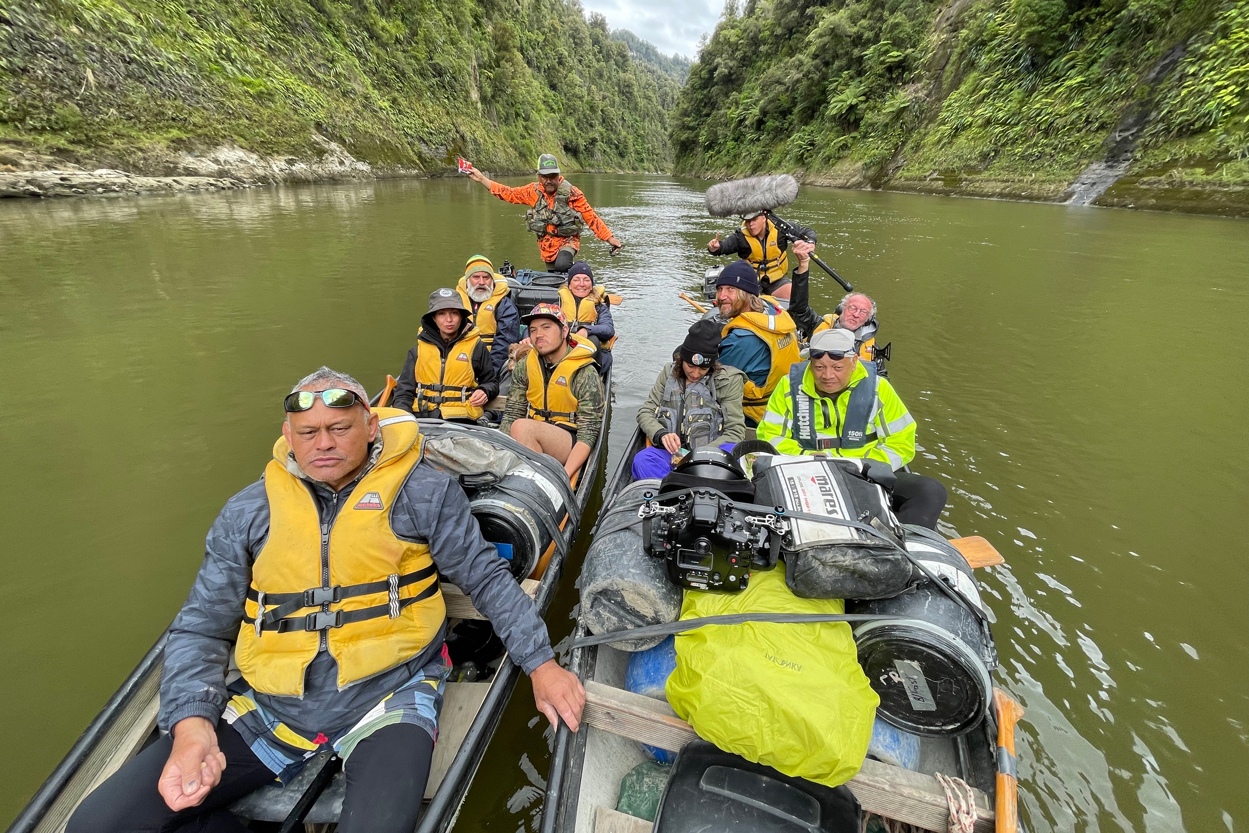 The cast and crew of “I Am The River, The River Is Me” on the Whanganui River in New Zealand. Credit: Richard Sidey
