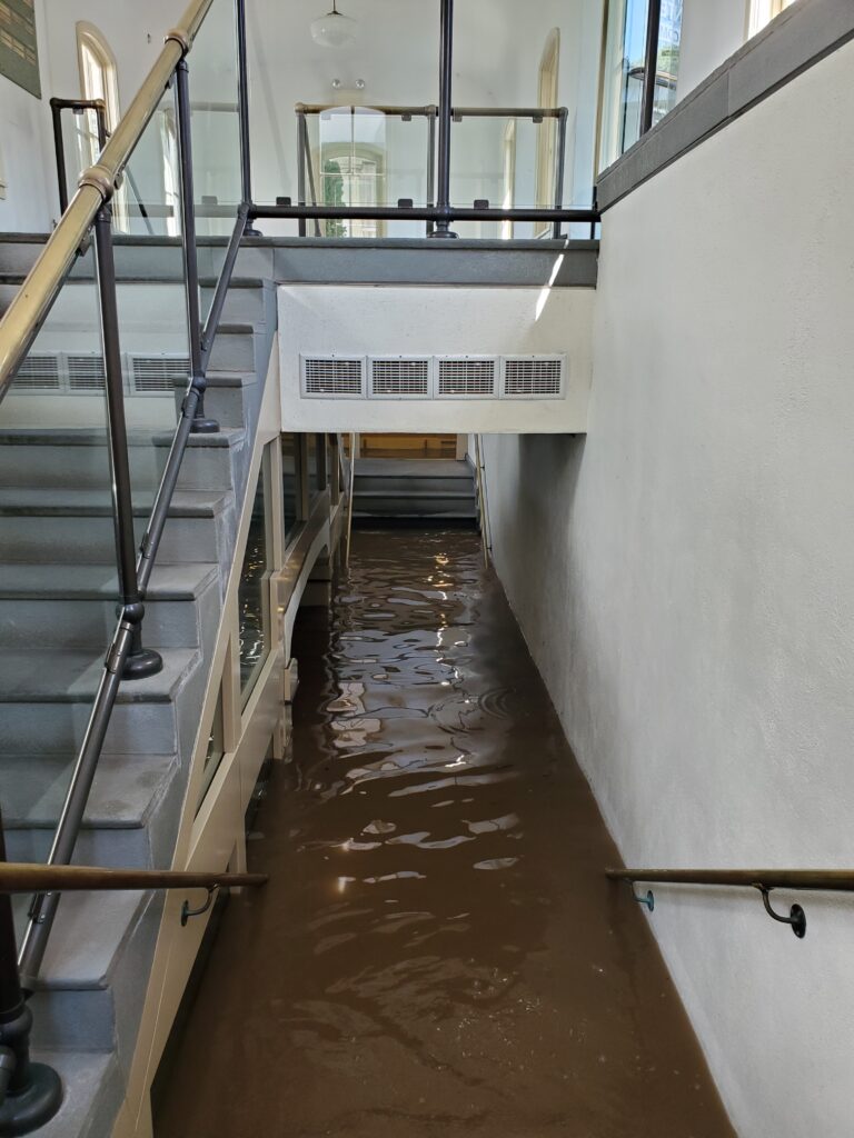 The water is almost to the top of half a flight of stairs, brown and murky.