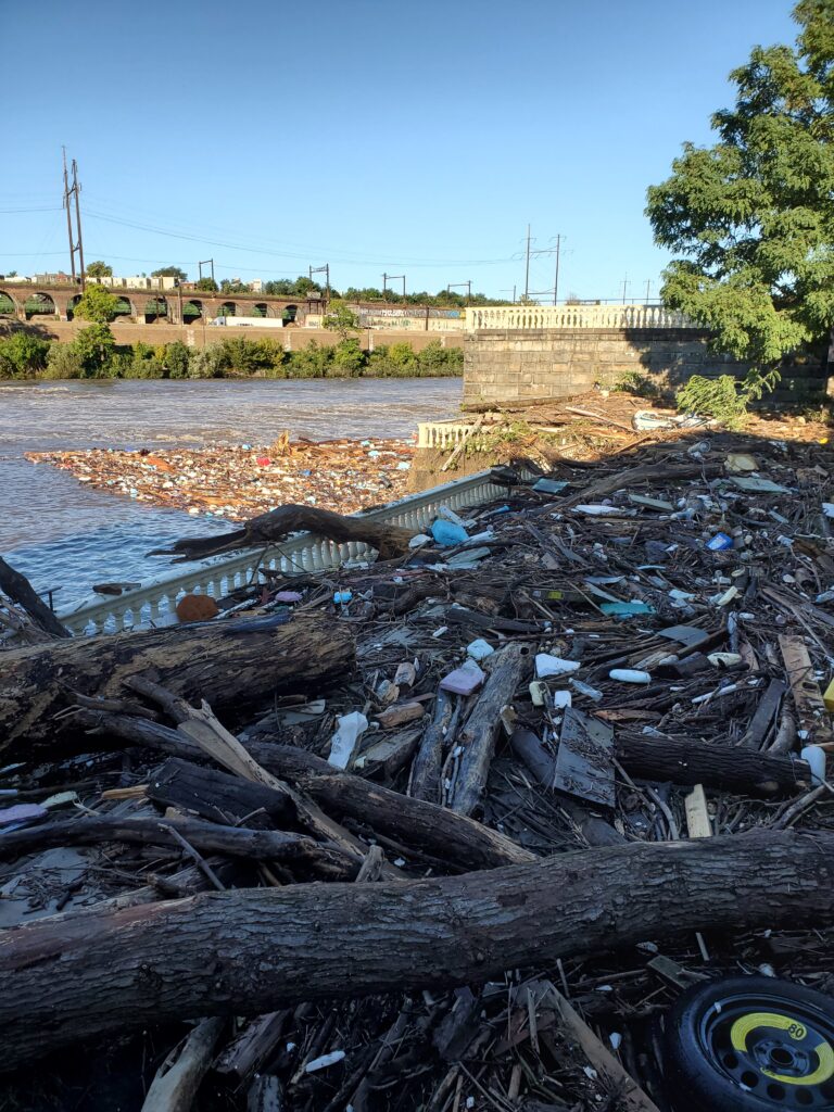 A large amount of logs, branches, a tire and other debris are piled up alongside a fence beside the river.